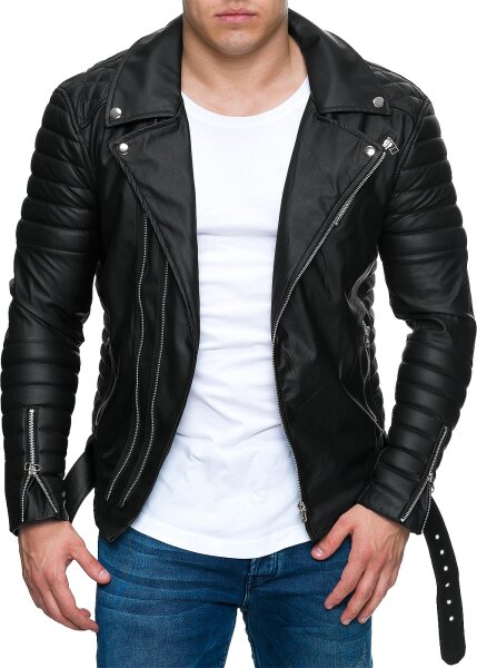 Reichstadt Herren Slim Fit Kunstleder Jacke Silver Zipper RS001PU Black XXXL