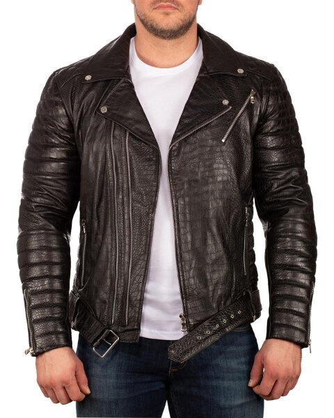 Reichstadt Herren Slim Fit Bikerjacke Crocodile Silver Zipper 20RS23LUX Black XS