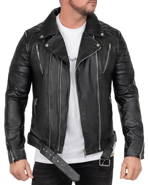 Reichstadt Herren Slim Fit Lederjacke Silver Zipper RS003LUX Black XL